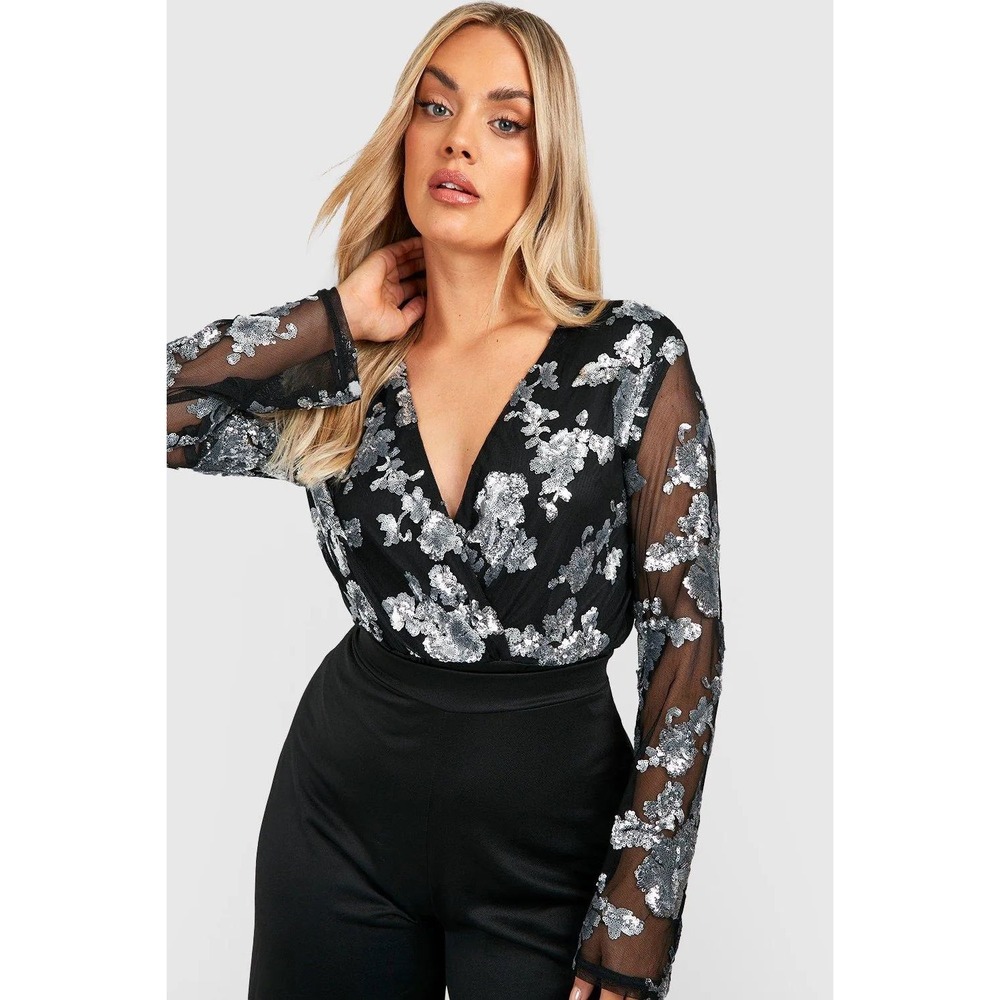 Boohoo Plus Silver Sequin Floral Mesh‎ Wrap Bodysuit Black US 18 Long Sleeve